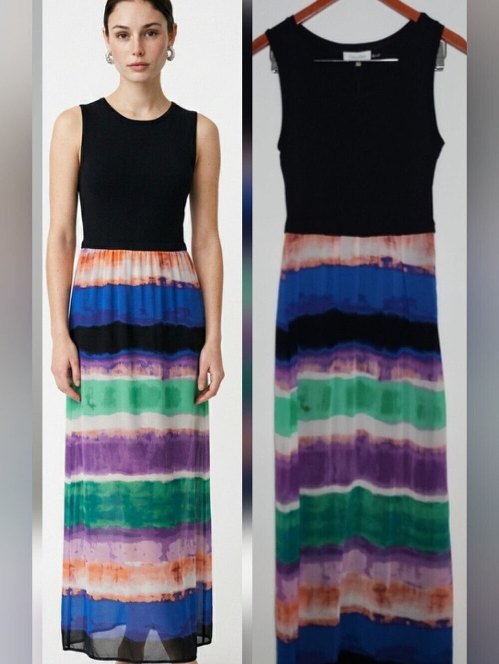 Calvin Klein Black Bodice Multicolor Striped Maxi Dress